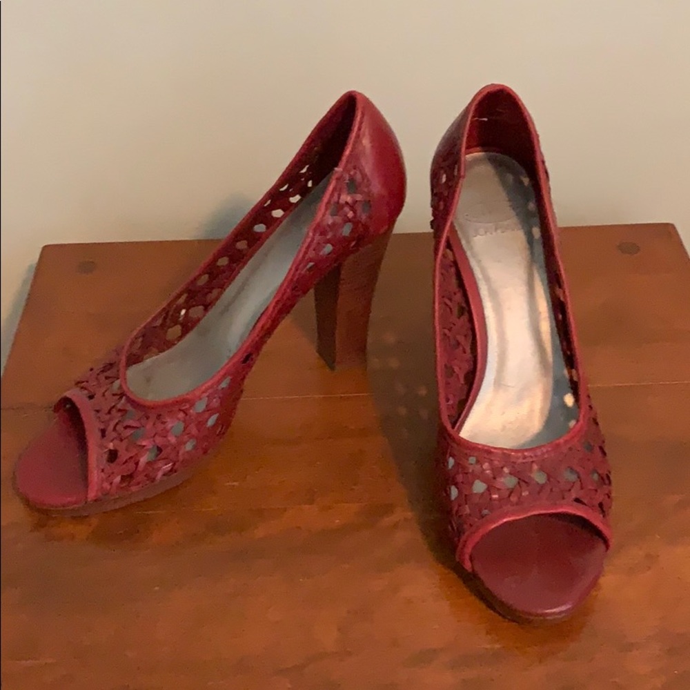 Red woven leather heels
